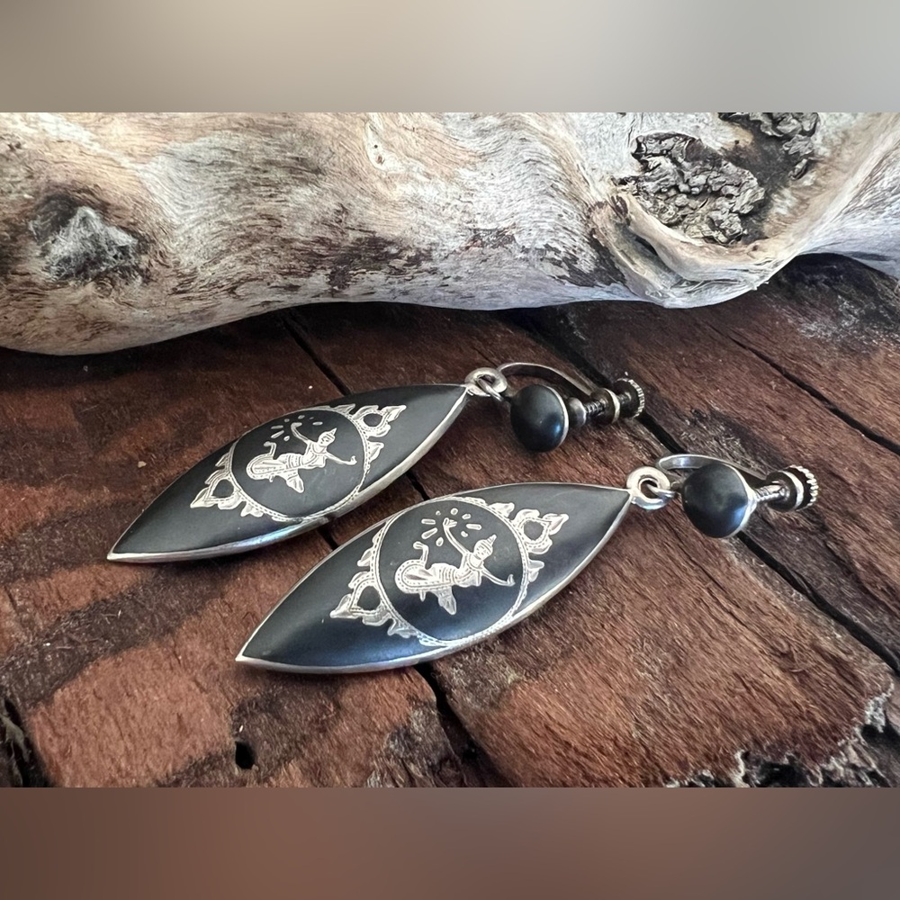 Thailand SIAM Earrings Black Dangles Niello on Sterling Silver Screw Back 2”